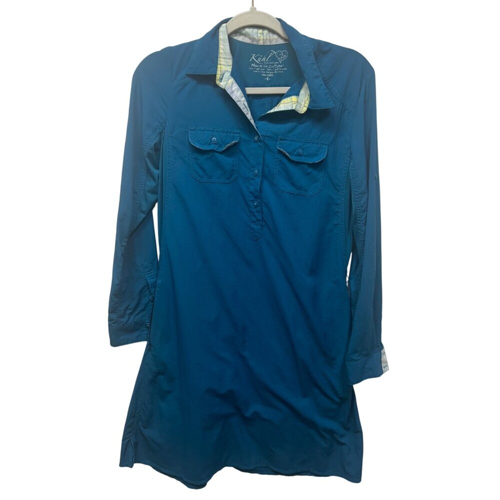 Kühl Womens Blue Long Sleeve Button-Up Shirt Dress S 100% Nylon Lightweight